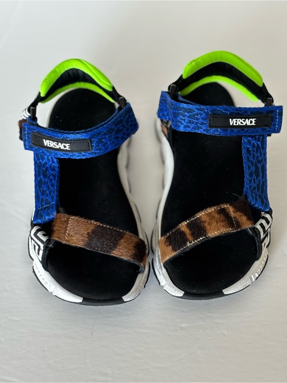 Versace (Italy) Kids, Blue, Brown & Neon Green Animal-Accent Sport Sandals